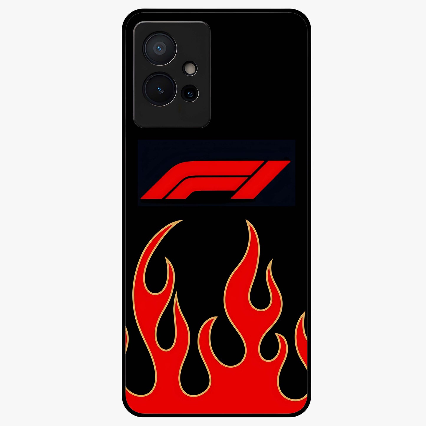 Fire F11 Glass Case showing flat back view with fiery themed artwork and glossy glass finish.
