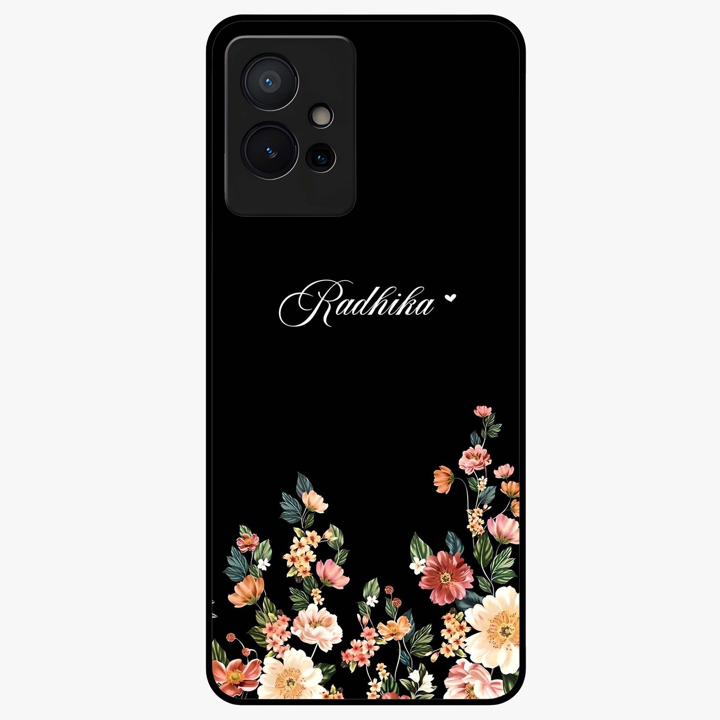 Floral Design With a Custom Personalized Name Glass Case showing flat back view with floral artwork and personalized name design.