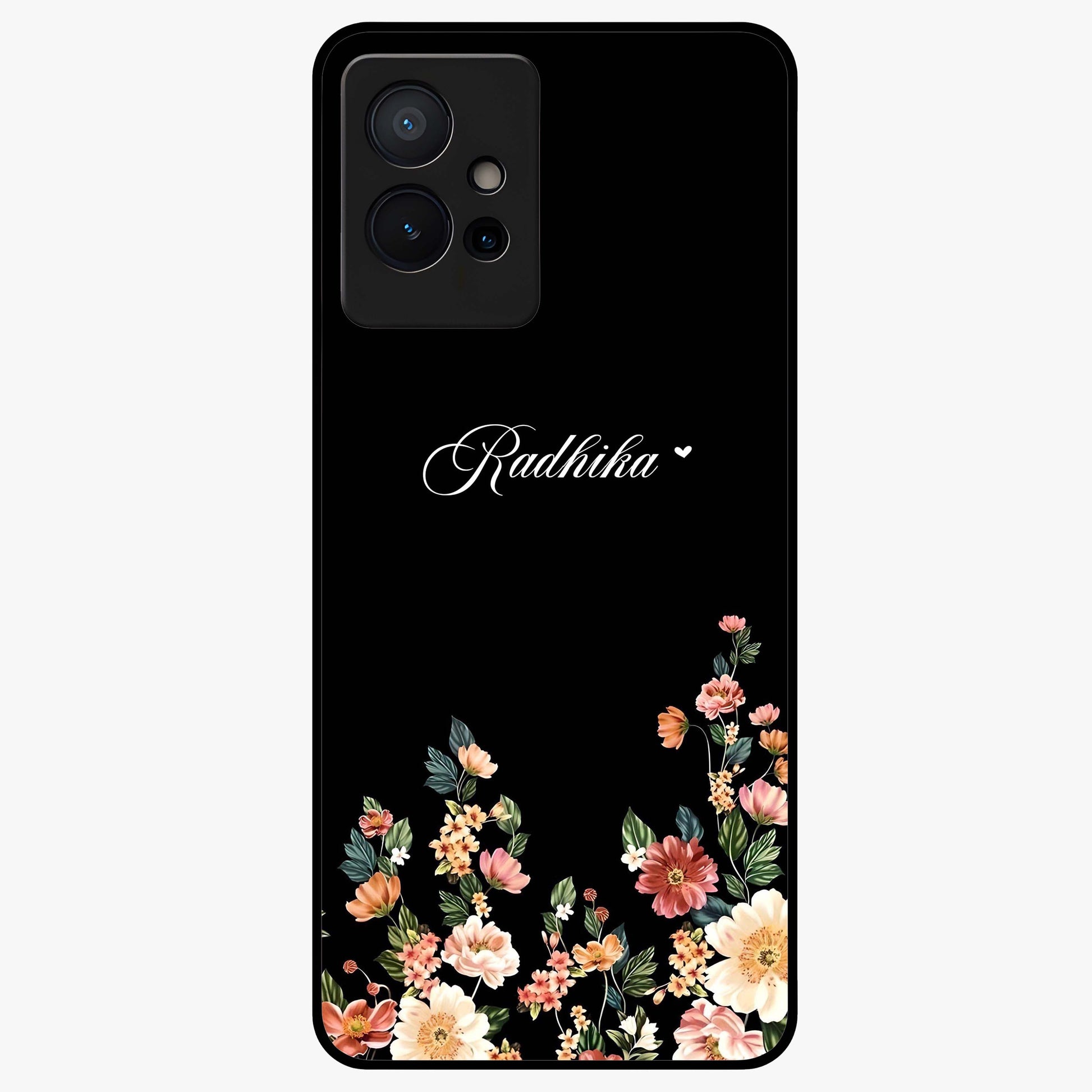 Floral Design With a Custom Personalized Name Glass Case showing flat back view with floral artwork and personalized name design.