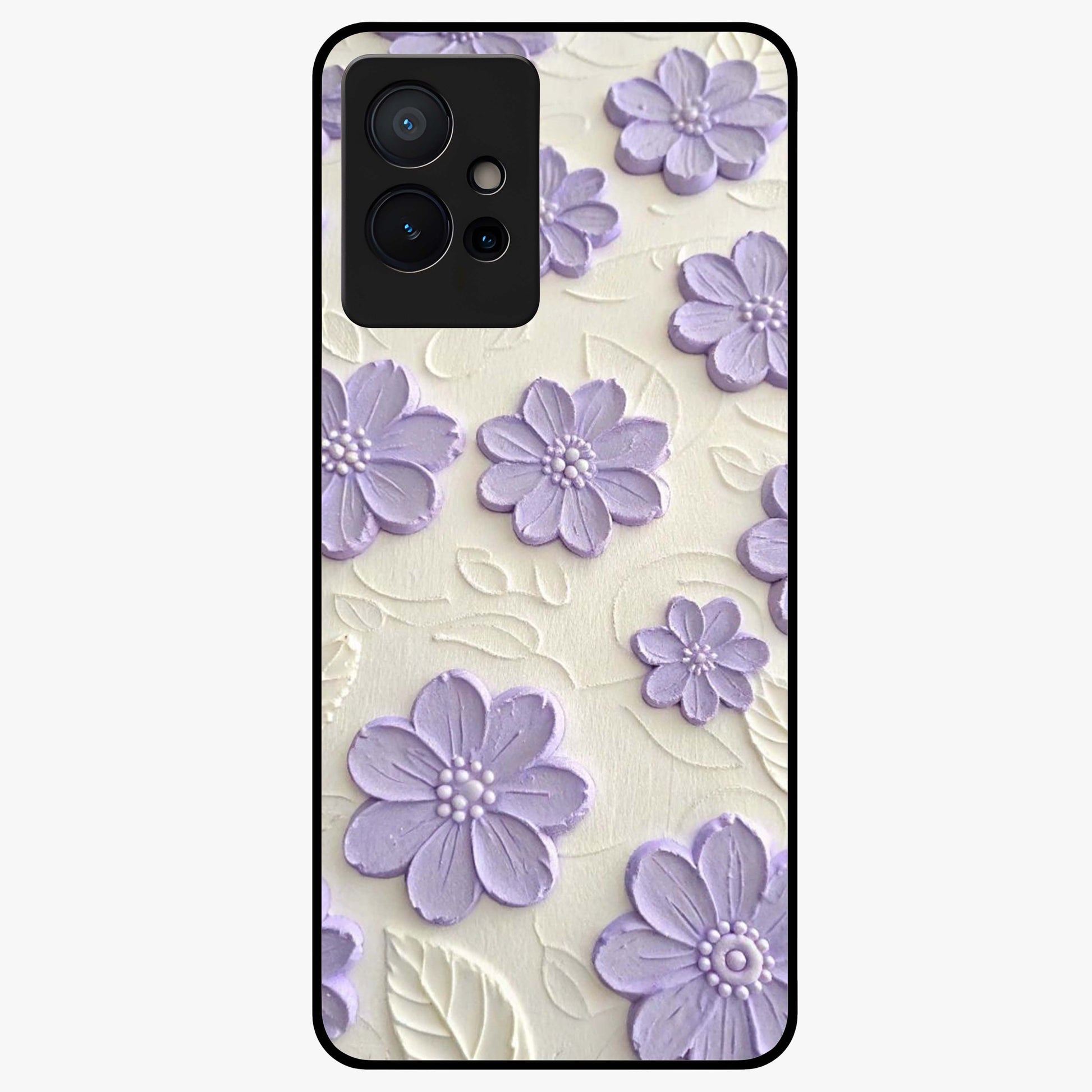 Floral Wall Art With Purple Flowers Glass Case showing flat back view with purple flower artwork and glossy glass finish.