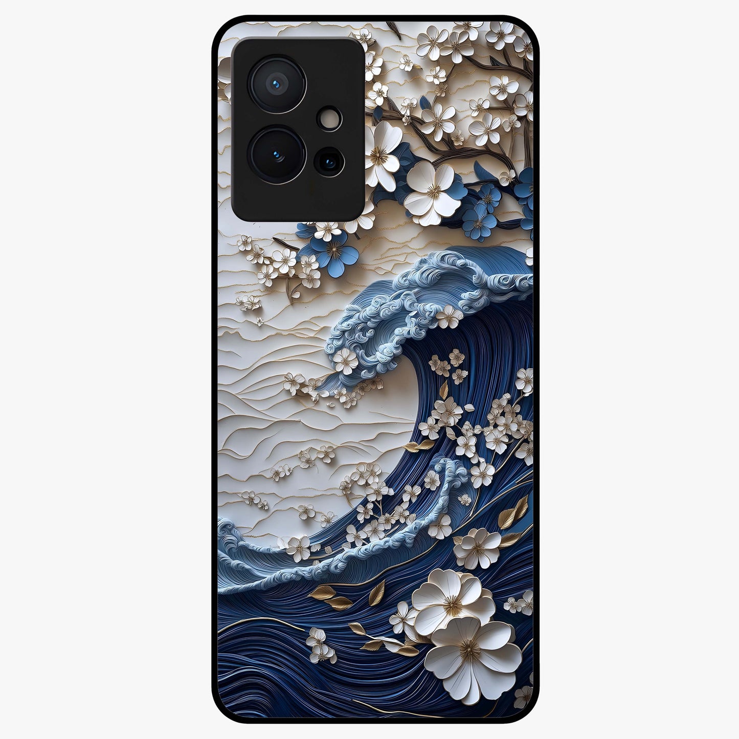 Floral Wave Origami Glass Case showing flat back view with origami inspired floral wave artwork and glossy glass finish.