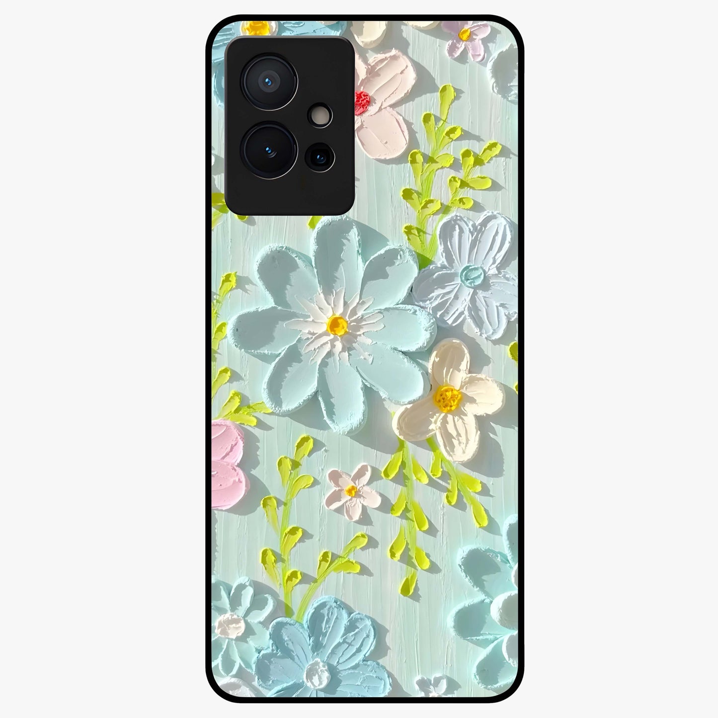 Frosted Petal Garden Glass Case showing flat back view with soft frosted floral artwork and glossy glass finish.