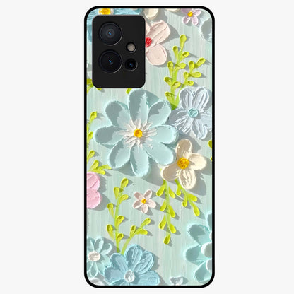 Frosted Petal Garden Glass Case showing flat back view with soft frosted floral artwork and glossy glass finish.