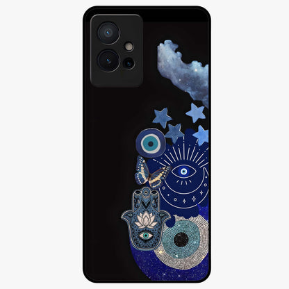 Galactic Charm Cluster Glass Case showing flat back view with glowing celestial charm artwork and glossy glass finish.