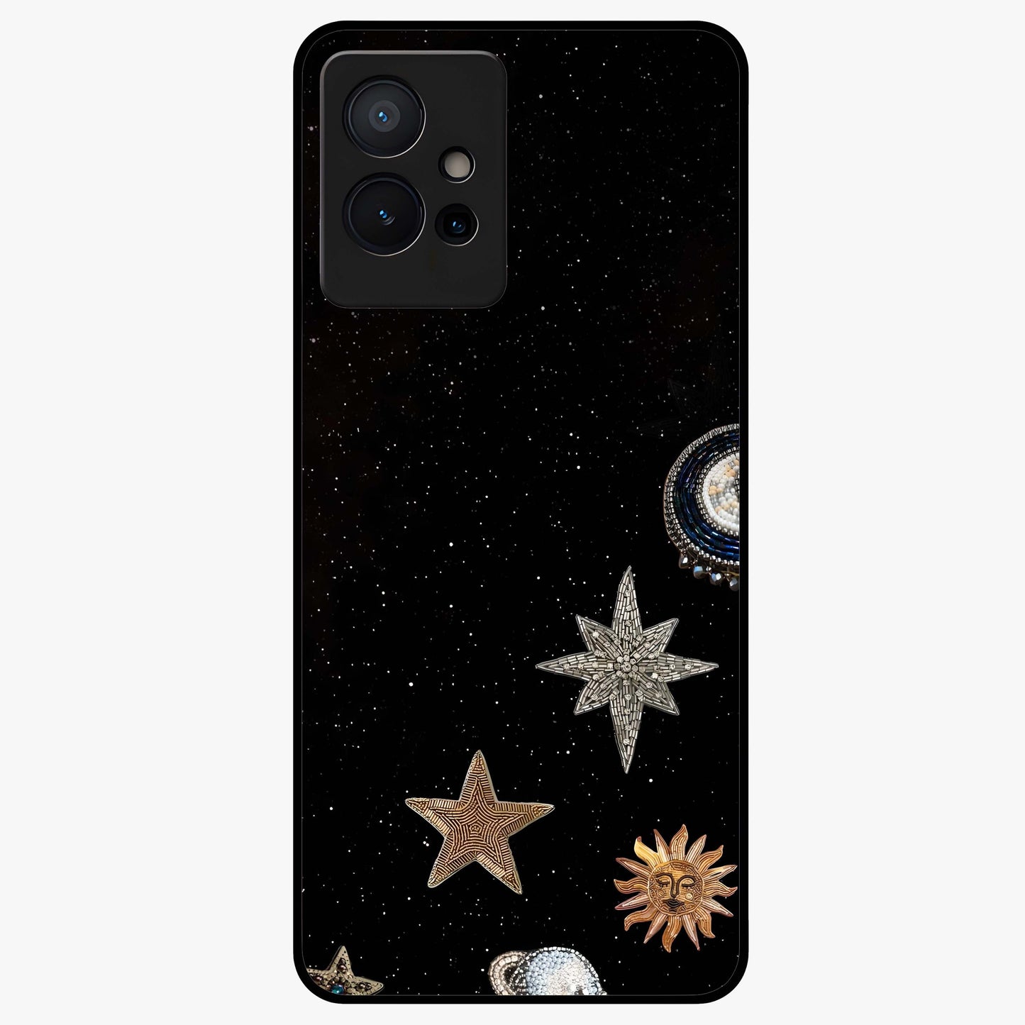 Galactic Charm Glow Glass Case showing flat back view with glowing celestial charm artwork and glossy glass finish.