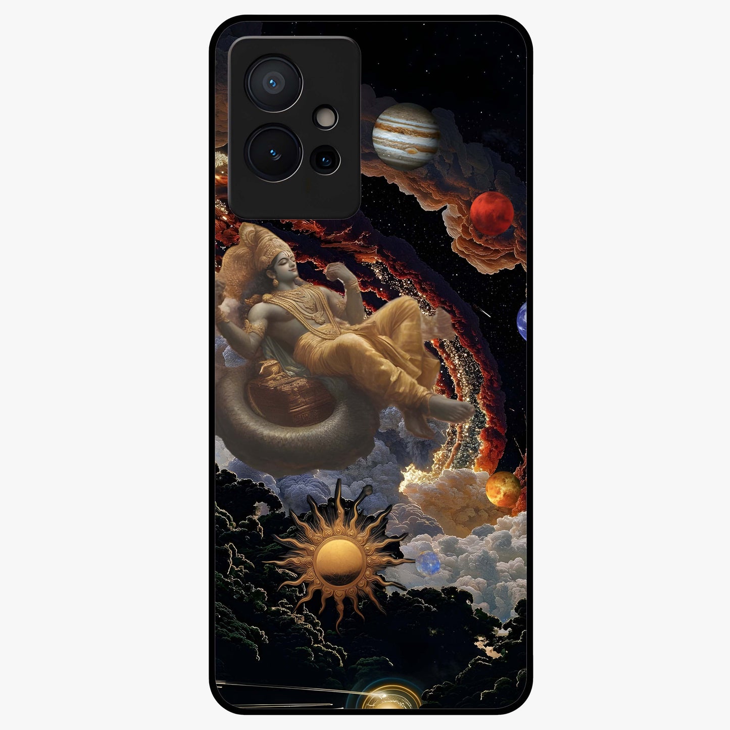 Galactic Divine God Glass Case showing flat back view with divine cosmic themed artwork and glossy glass finish.