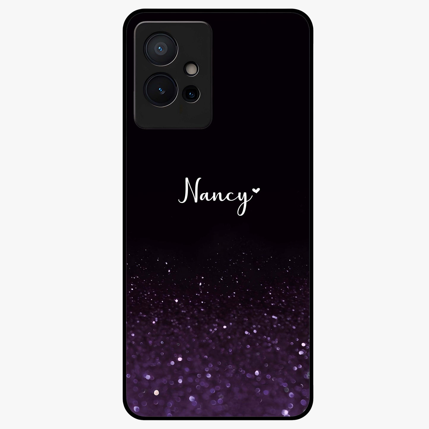 Glittery Purple Bokeh Custom Name Glass Case showing flat back view with purple bokeh sparkle artwork and personalized name design.