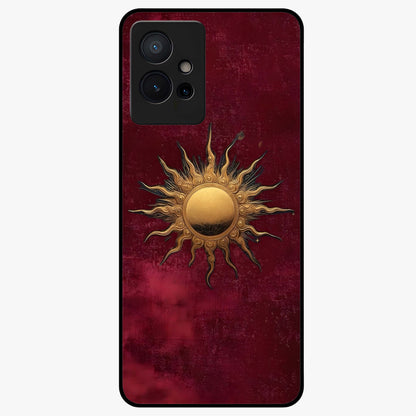 Gold Sun Blush Glass Case showing flat back view with golden sun inspired artwork and glossy glass finish.