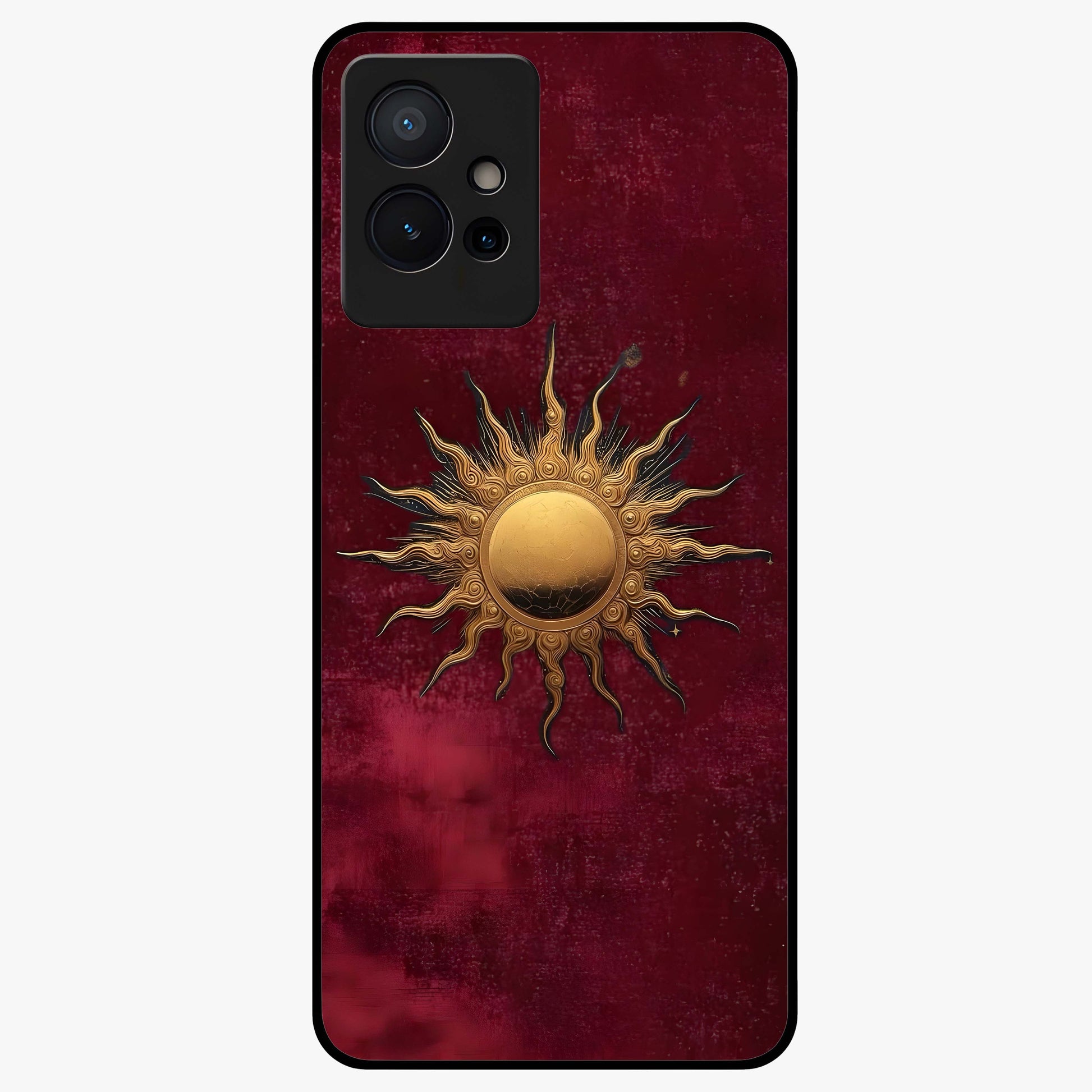 Gold Sun Blush Glass Case showing flat back view with golden sun inspired artwork and glossy glass finish.