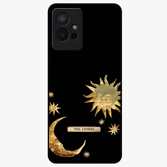 Golden Celestial Charm Glass Case showing flat back view with golden celestial charm artwork and glossy glass finish.