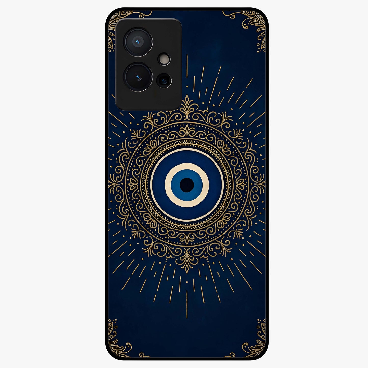 Golden Evil Eye Mandala Glass Case showing flat back view with intricate evil eye mandala artwork and glossy glass finish.