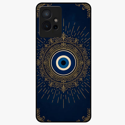 Golden Evil Eye Mandala Glass Case showing flat back view with intricate evil eye mandala artwork and glossy glass finish.
