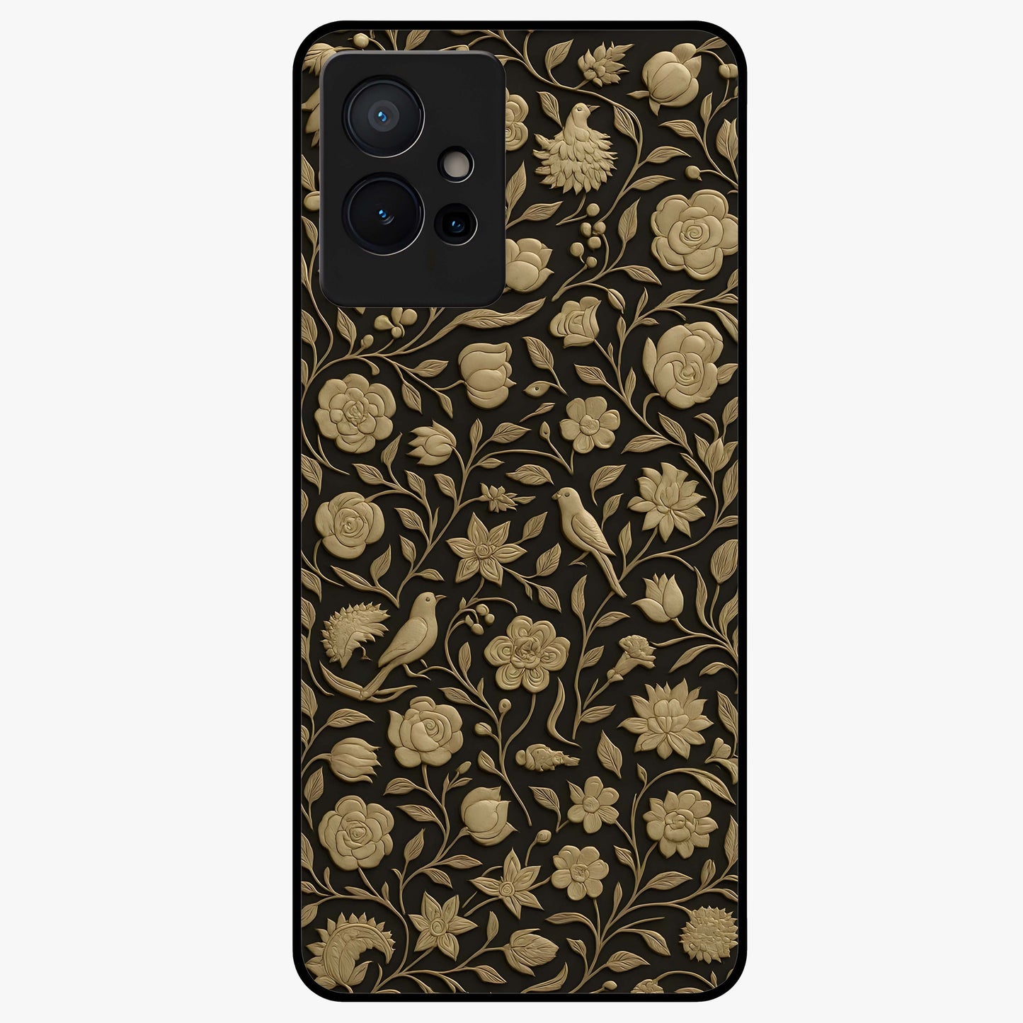 Golden Floral Majesty Glass Case showing flat back view with luxurious golden floral artwork and glossy glass finish.