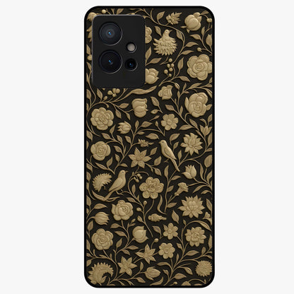 Golden Floral Majesty Glass Case showing flat back view with luxurious golden floral artwork and glossy glass finish.