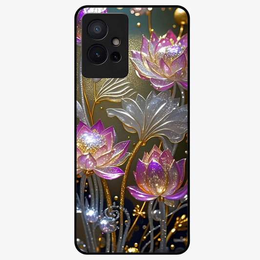 Golden Lotus Glow Glass Case showing flat back view with glowing lotus flower artwork and glossy glass finish.