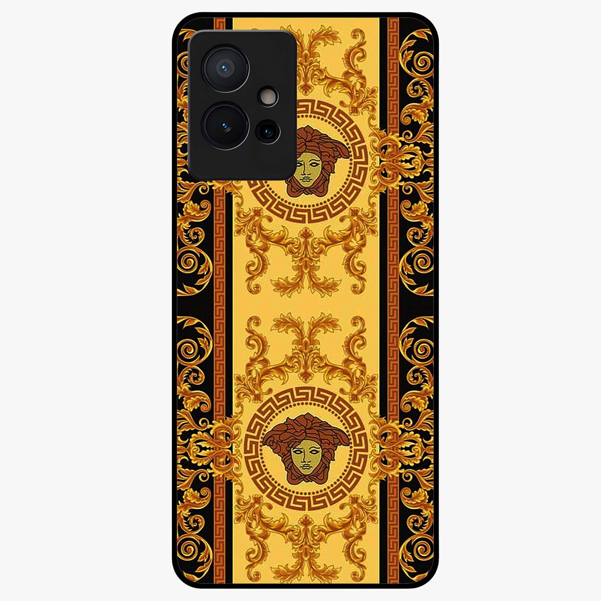 Golden Royal Heritage Glass Case showing flat back view with ornate royal pattern artwork and glossy glass finish.