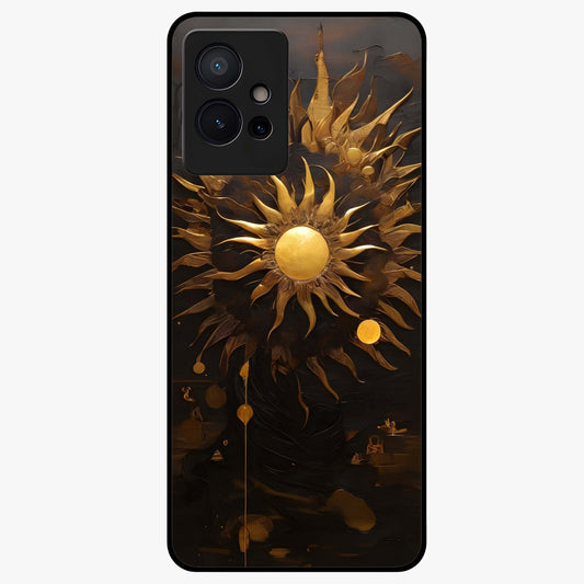 Golden Sun Majesty Glass Case showing flat back view with radiant golden sun artwork and glossy glass finish.