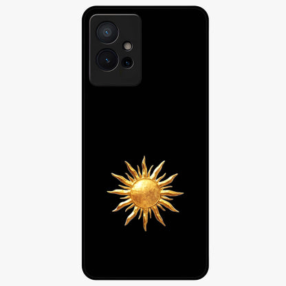 Golden Sun Minimalism Glass Case showing flat back view with minimal golden sun artwork and glossy glass finish.