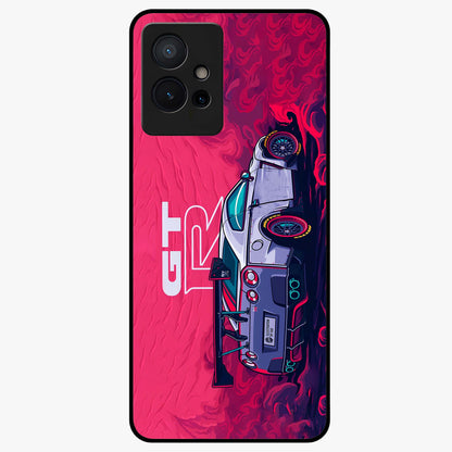 GT-R Car Pattern Glass Case showing flat back view with sporty car inspired pattern artwork and glossy glass finish.
