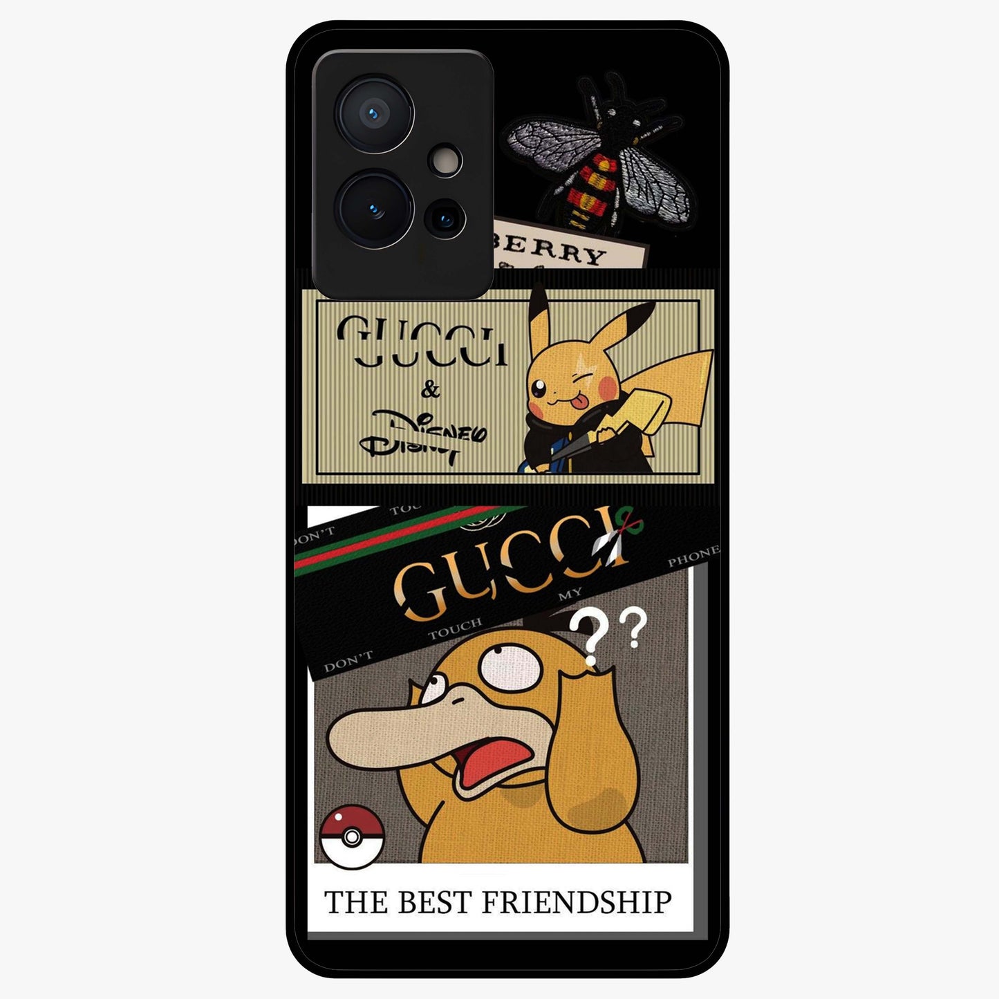 Gucci Play Mashup Glass Case showing flat back view with luxury inspired graphic artwork and glossy glass finish.