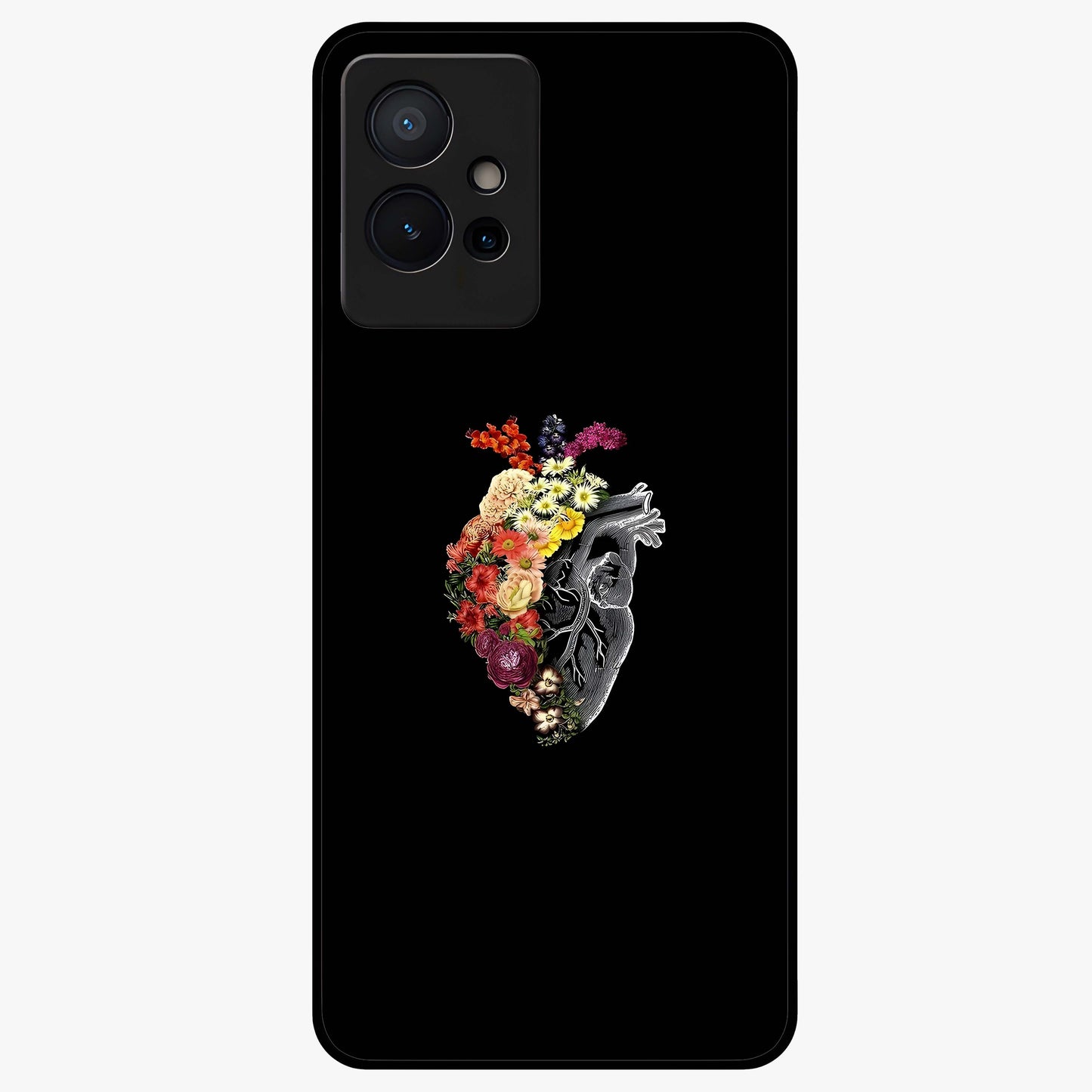 Heart With Flowers Glass Case showing flat back view with heart shaped floral artwork and glossy glass finish.