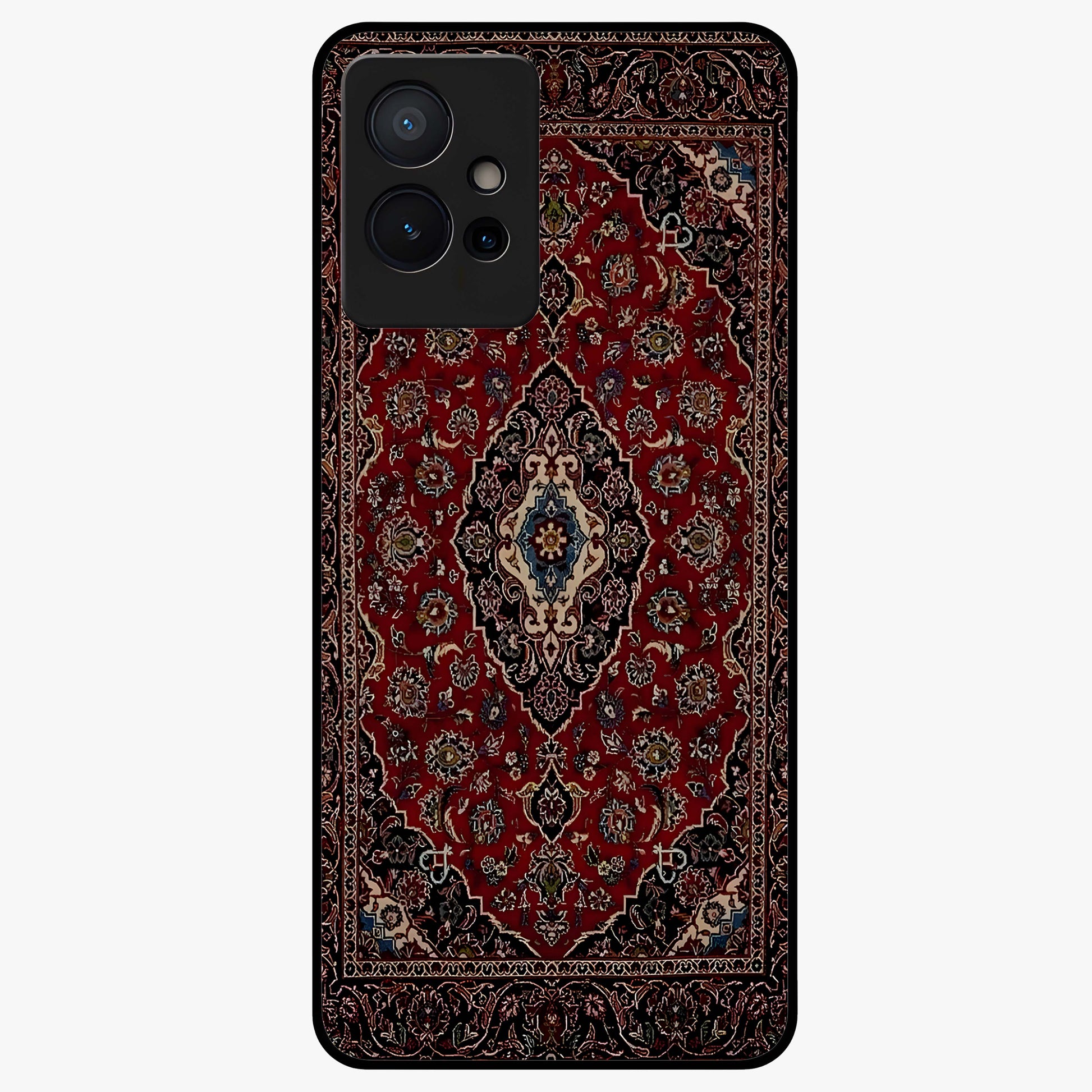 Heritage Carpet Royale Glass Case showing flat back view with ornate Persian carpet inspired pattern and glossy glass finish.