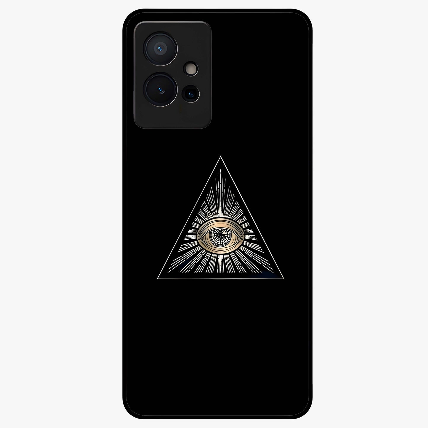 Illuminati Evil Glass Case showing flat back view with mysterious illuminati symbol artwork and glossy glass finish.