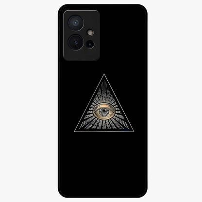 Illuminati Evil Glass Case showing flat back view with mysterious illuminati symbol artwork and glossy glass finish.