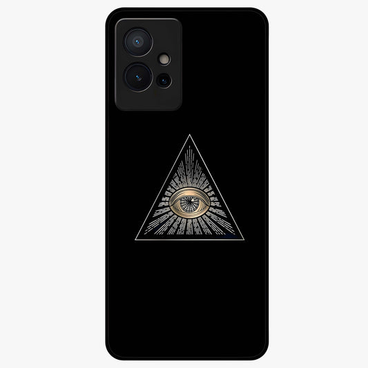 Illuminati Evil Glass Case showing flat back view with mysterious illuminati symbol artwork and glossy glass finish.