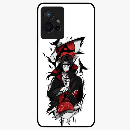 Itachi Sharingan Glass Case showing flat back view with powerful anime eye artwork and glossy glass finish.