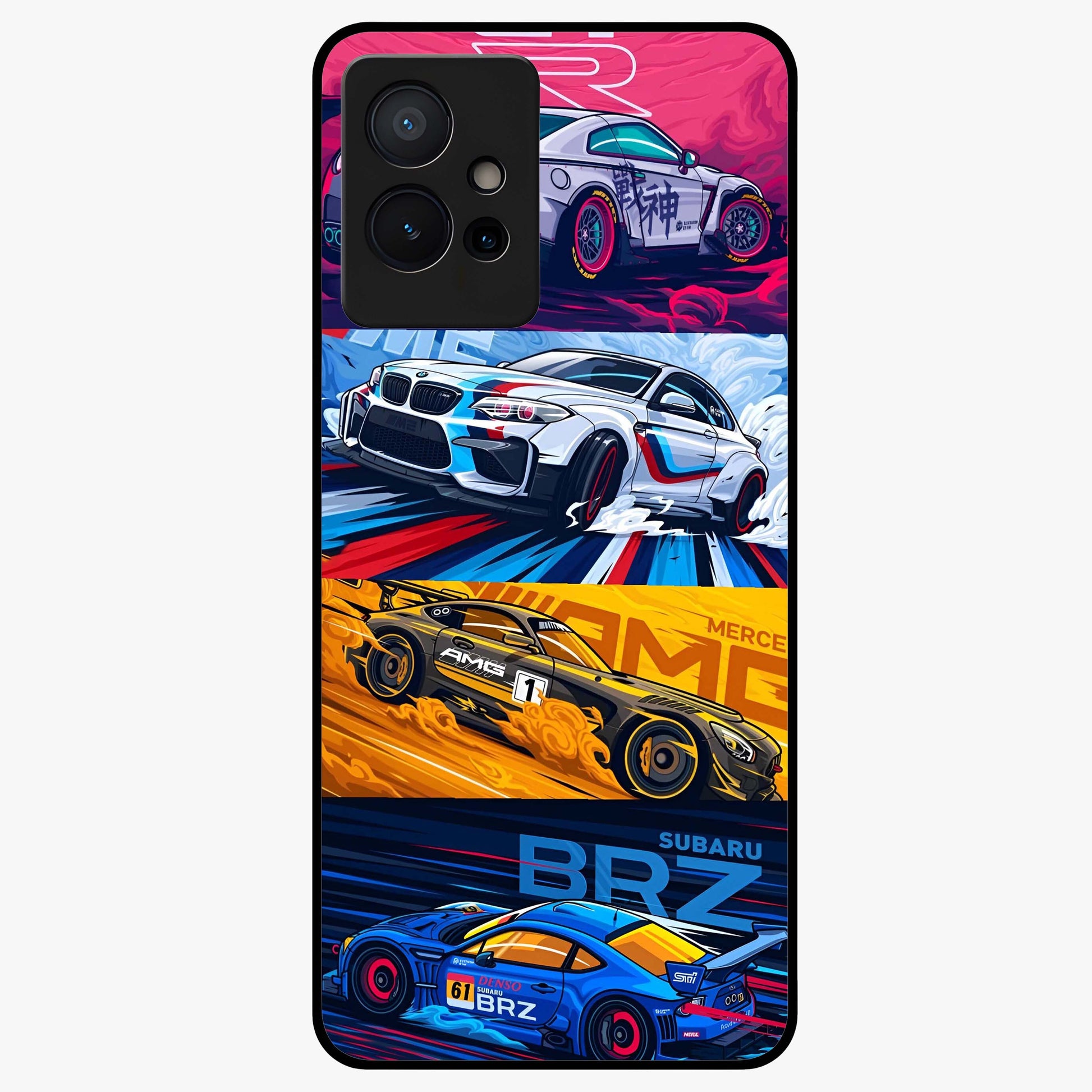 JDM Sports Car Glass Case showing flat back view with high performance sports car artwork and glossy glass finish.