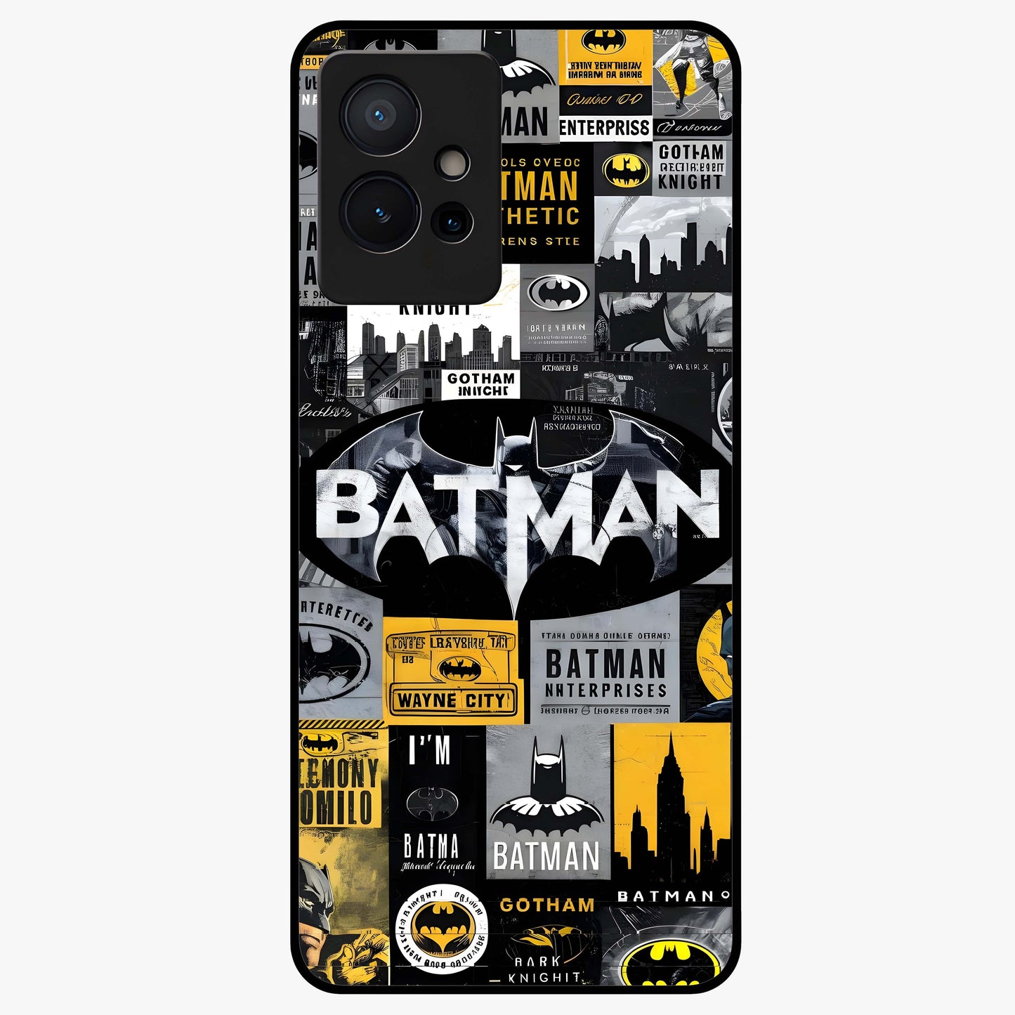 Knight Gotham Rise Glass Case showing flat back view with dark hero inspired artwork and glossy glass finish.