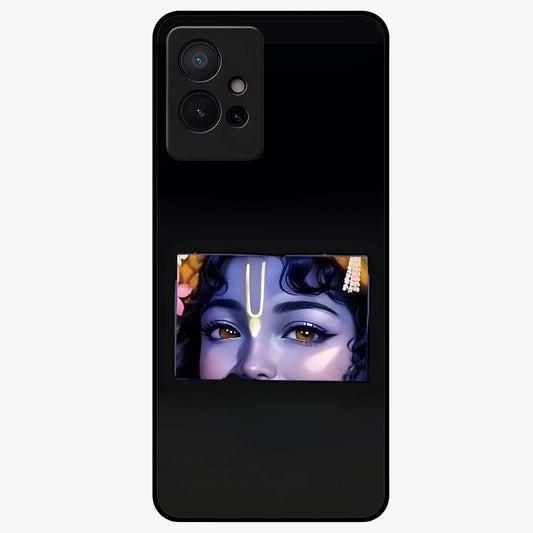 Krishna Divine Embrace Glass Case showing flat back view with Lord Krishna devotional artwork and glossy glass finish.