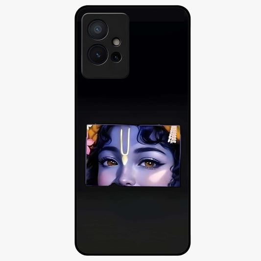 Krishna Divine Embrace Glass Case showing flat back view with Lord Krishna devotional artwork and glossy glass finish.