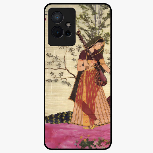 Lady With Veena Art Glass Case showing flat back view with elegant woman playing veena artwork and glossy glass finish.