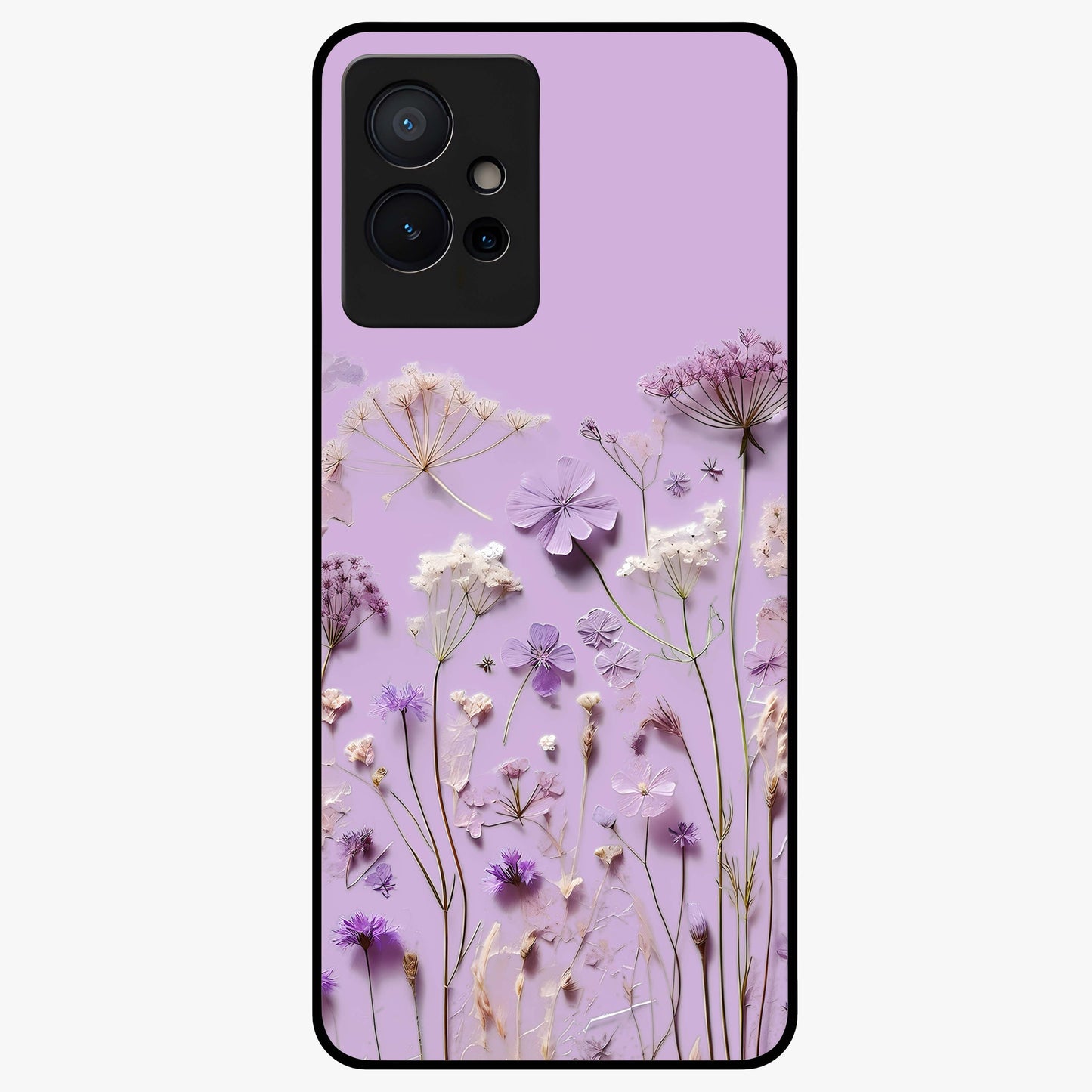 Lavender Blossom Dream Glass Case showing flat back view with soft lavender floral artwork and glossy glass finish.