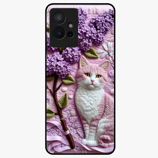Lavender Cat Whimsy Glass Case showing flat back view with cute lavender cat artwork and glossy glass finish.