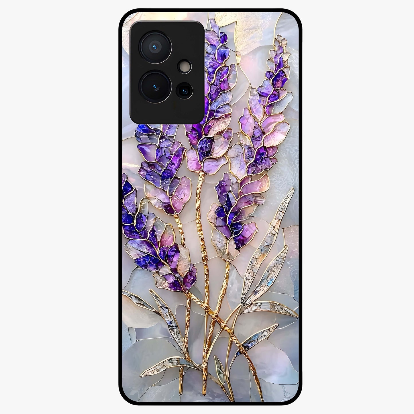 Lavender Dream Glow Glass Case showing flat back view with glowing lavender aesthetic artwork and glossy glass finish.