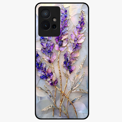 Lavender Dream Glow Glass Case showing flat back view with glowing lavender aesthetic artwork and glossy glass finish.
