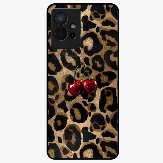 Leopard Wild Cherry Glass Case showing flat back view with leopard pattern and cherry artwork and glossy glass finish.