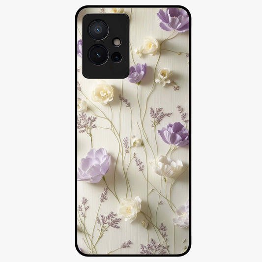 Lilac Breeze Harmony Glass Case showing flat back view with soft lilac themed artwork and glossy glass finish.