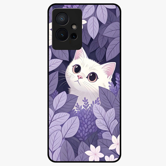 Lilac Hide Peek Cat Glass Case showing flat back view with cute peeking cat artwork and glossy glass finish.