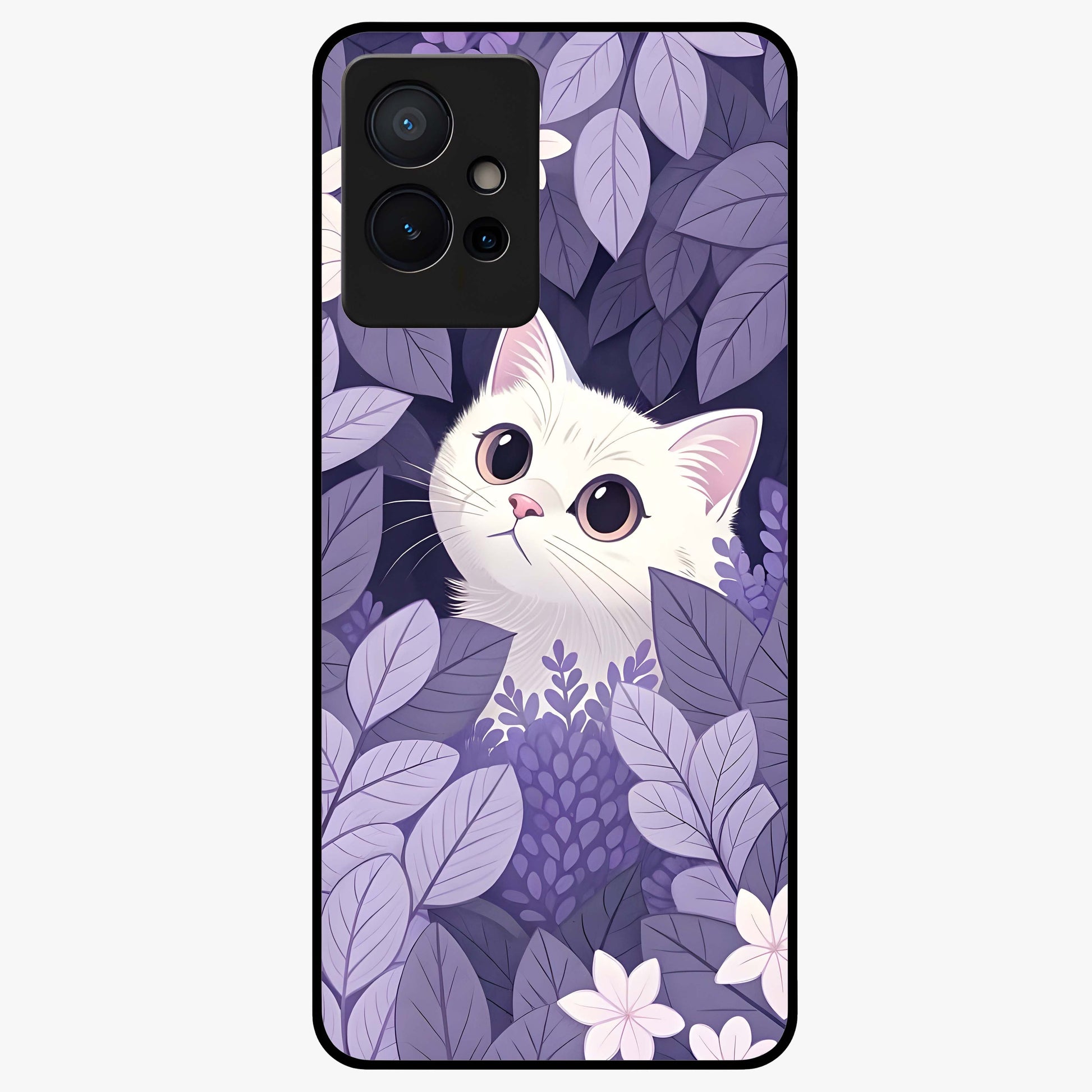 Lilac Hide Peek Cat Glass Case showing flat back view with cute peeking cat artwork and glossy glass finish.