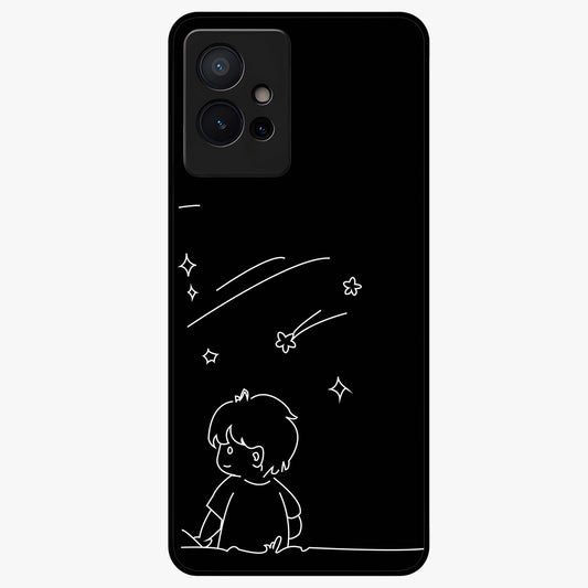 Line Art Boy With Shooting Stars Glass Case showing flat back view with minimal line art boy and shooting stars illustration and glossy glass finish.