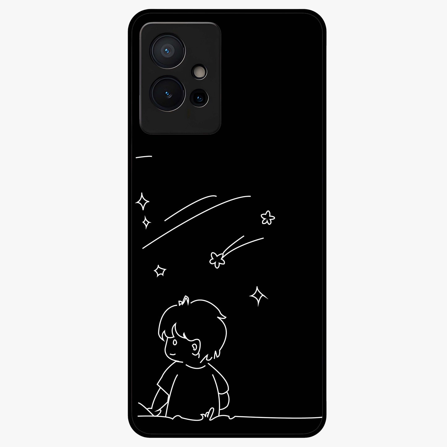 Line Art Boy With Shooting Stars Glass Case showing flat back view with minimal line art boy and shooting stars illustration and glossy glass finish.