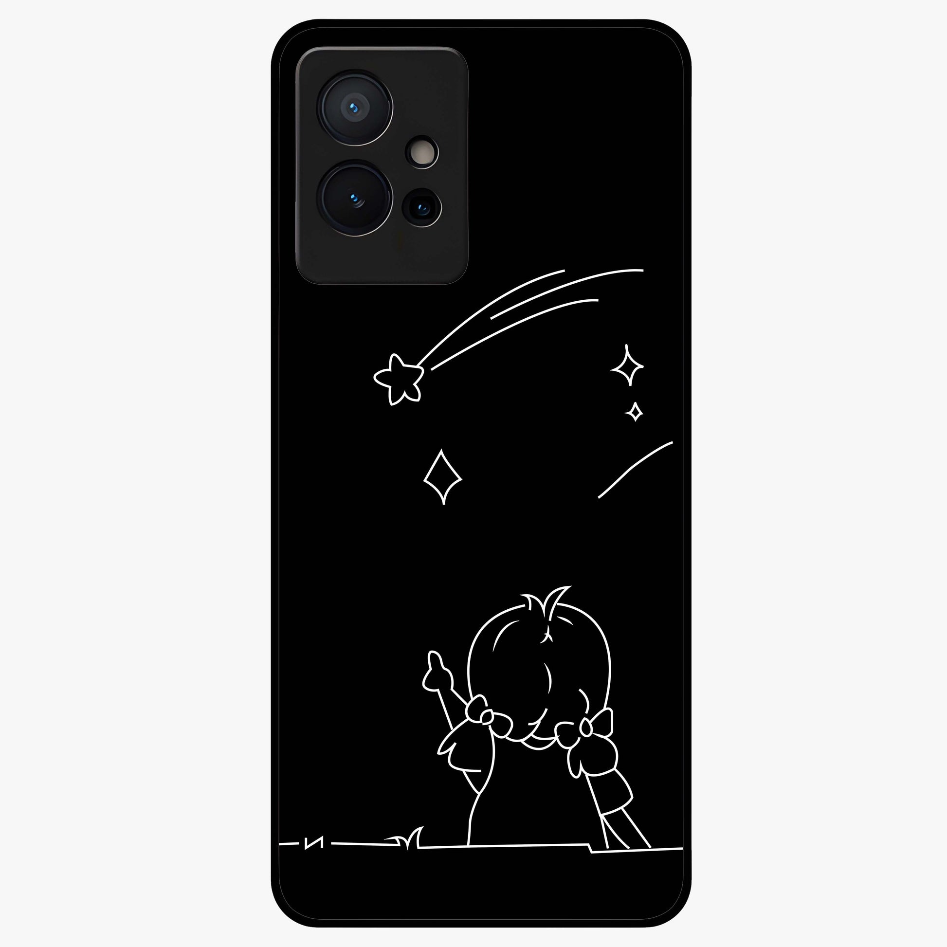 Line Art Girl With Shooting Stars Glass Case showing flat back view with minimal line art girl and shooting stars illustration and glossy glass finish.