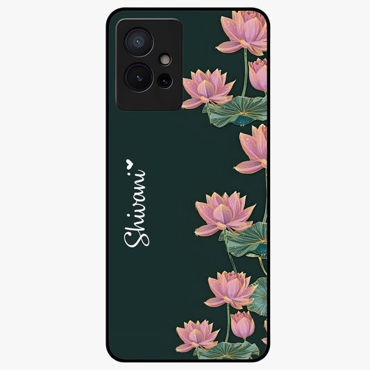Lotus Bloom Serenity Custom Name Glass Case showing flat back view with elegant lotus flower artwork and personalized name design.