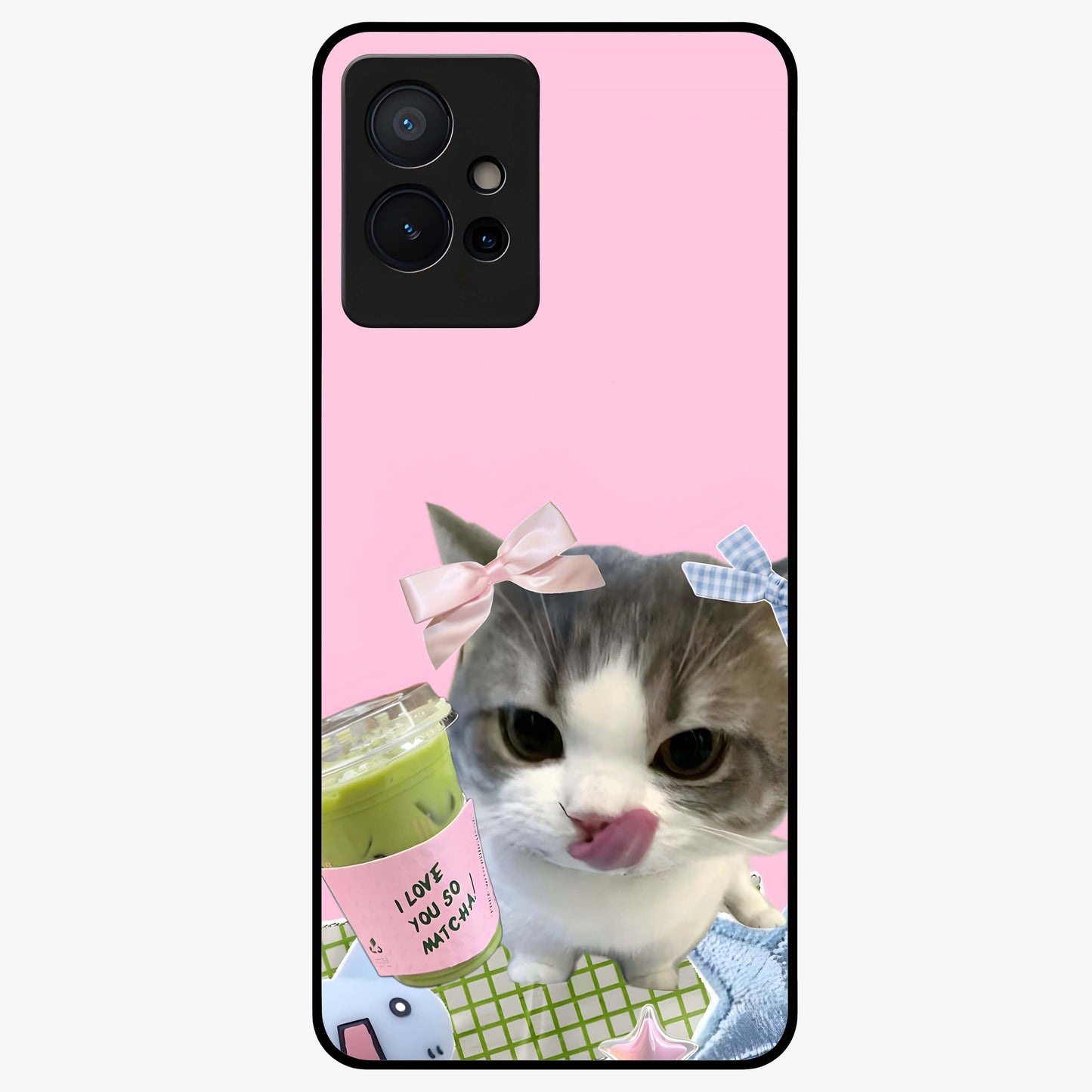 Love Matcha Cat Glass Case showing flat back view with cute cat and matcha themed artwork and glossy glass finish.