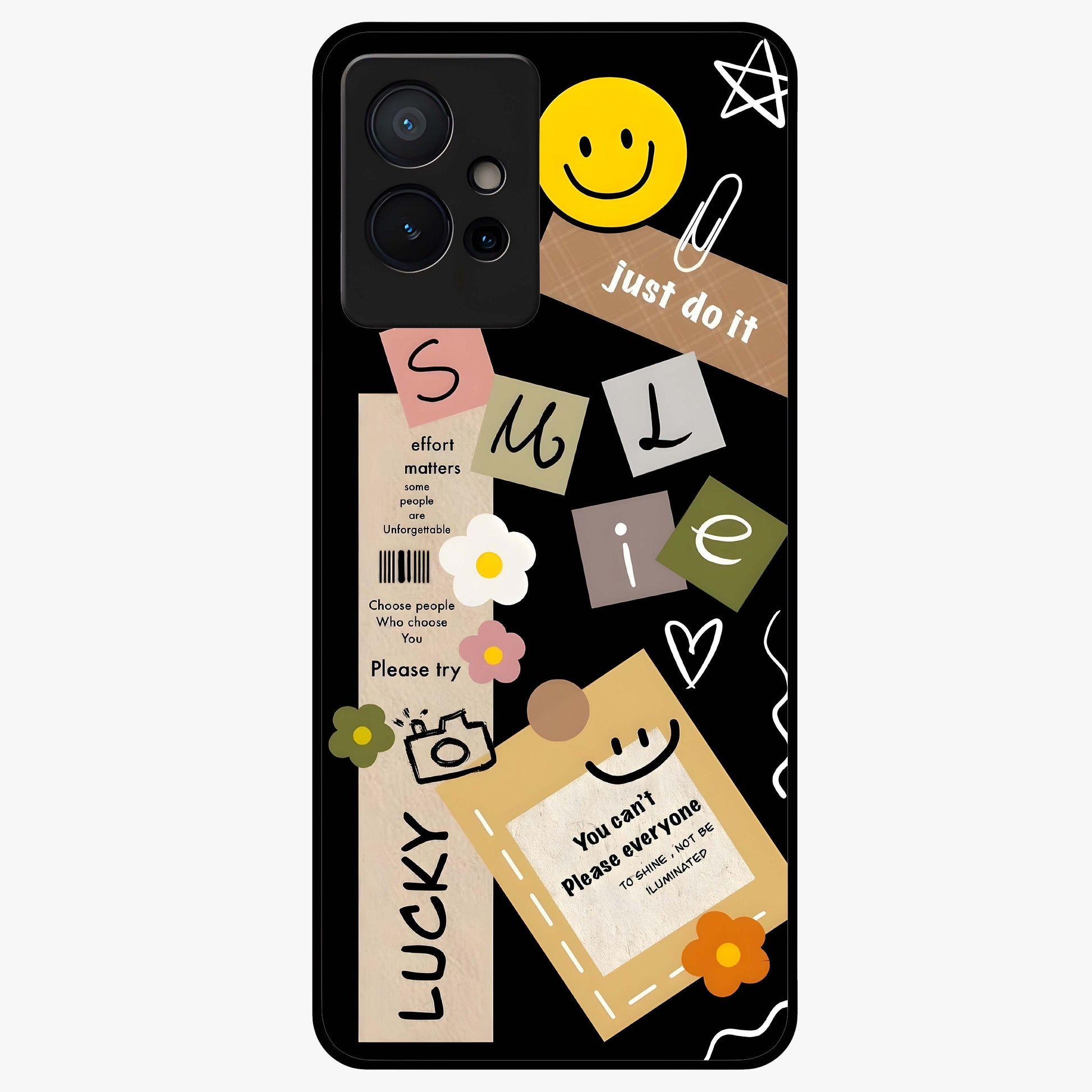 Lucky Aesthetic Collage Glass Case showing flat back view with trendy aesthetic collage artwork and glossy glass finish.