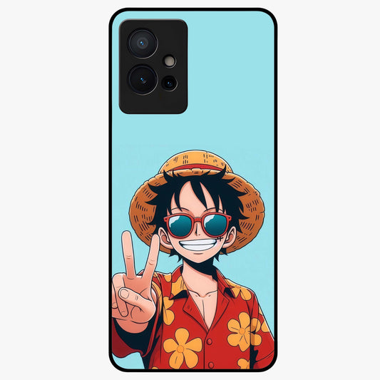 Luffy Summer Anime Vibe Glass Case showing flat back view with vibrant anime character artwork and glossy glass finish.
